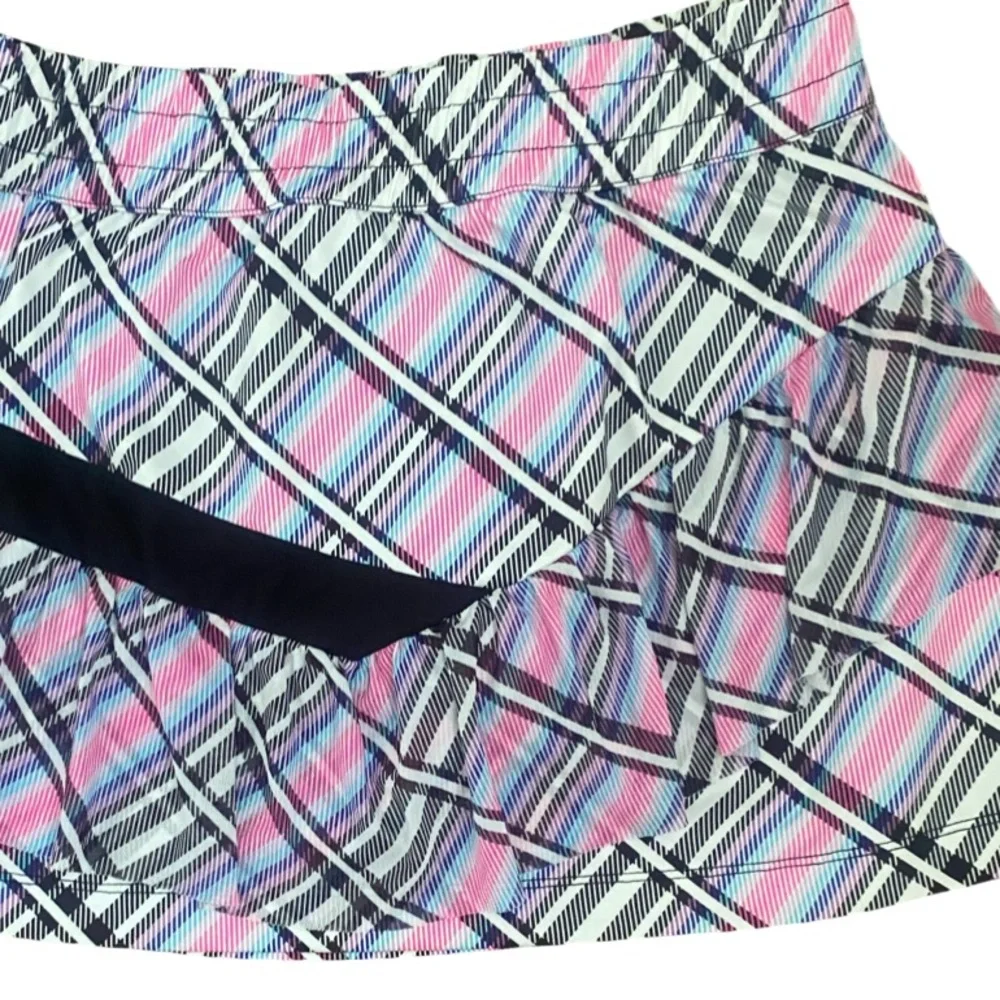 Lucky in Love Pink and Black Plaid Skort - S pink black plaid nylon spandex